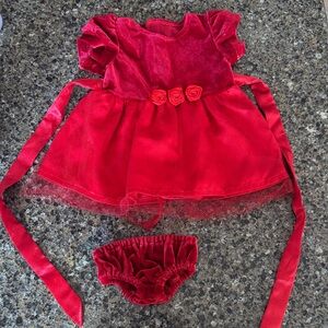 American Girl doll sized off-brand Red Holiday Dress and matching velour undies